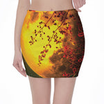 Yellow Full Moon Print Pencil Mini Skirt