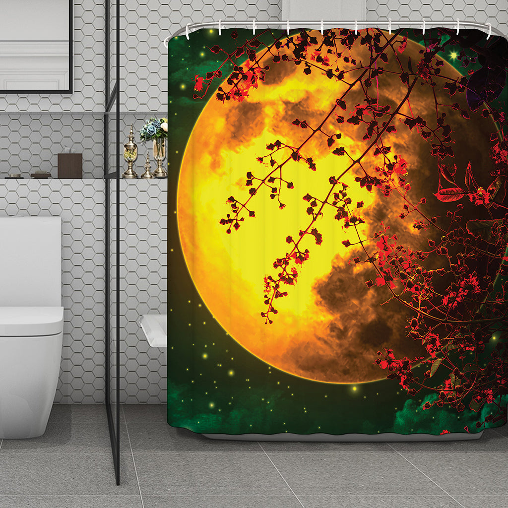 Yellow Full Moon Print Polyester Shower Curtain
