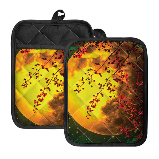 Yellow Full Moon Print Pot Holders With Pocket