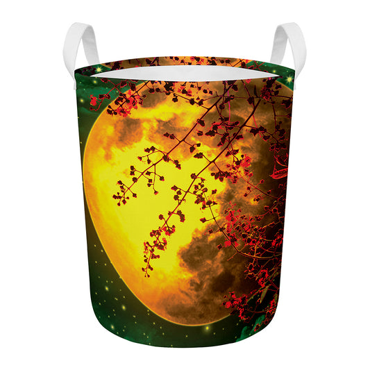 Yellow Full Moon Print Round Laundry Basket