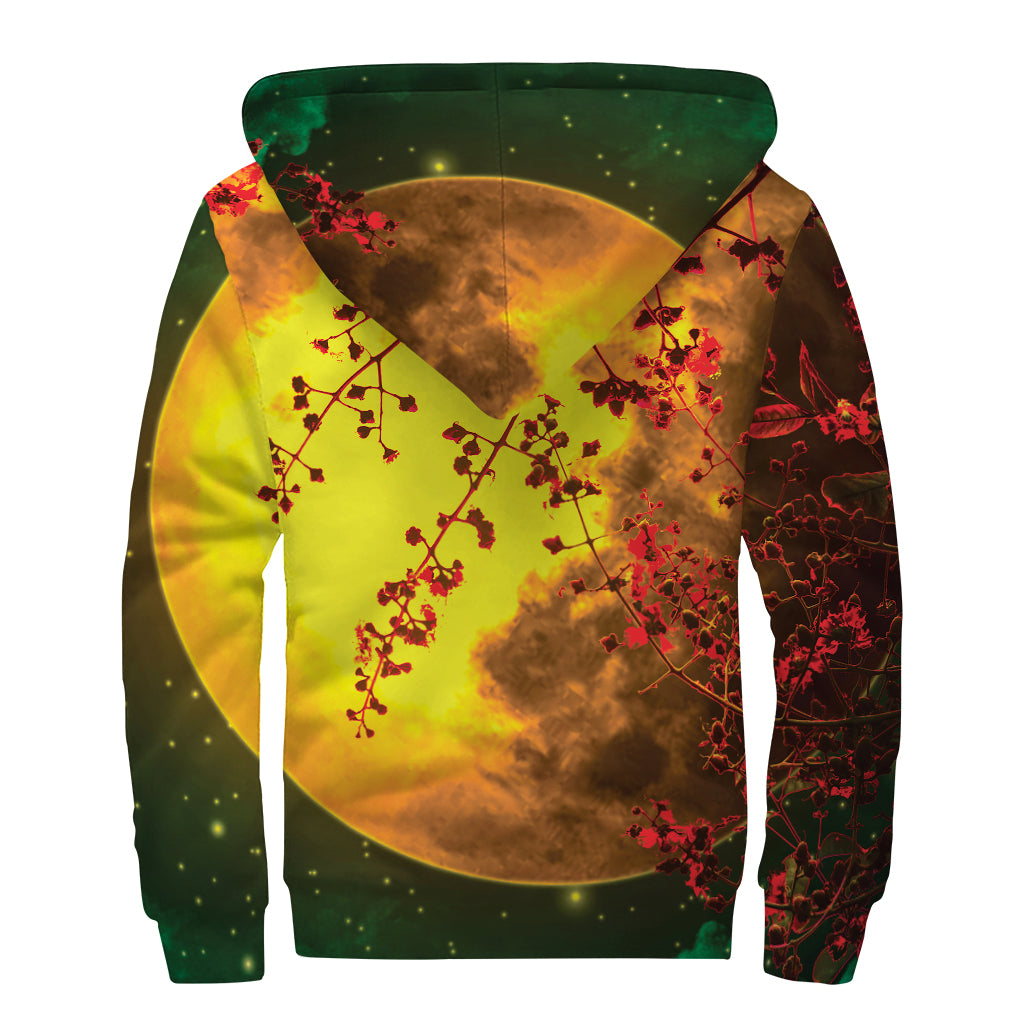 Yellow Full Moon Print Sherpa Lined Zip Up Hoodie