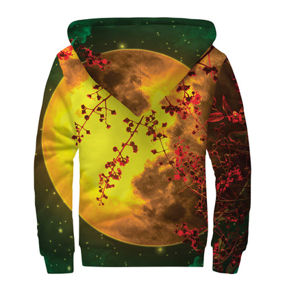 Yellow Full Moon Print Sherpa Lined Zip Up Hoodie