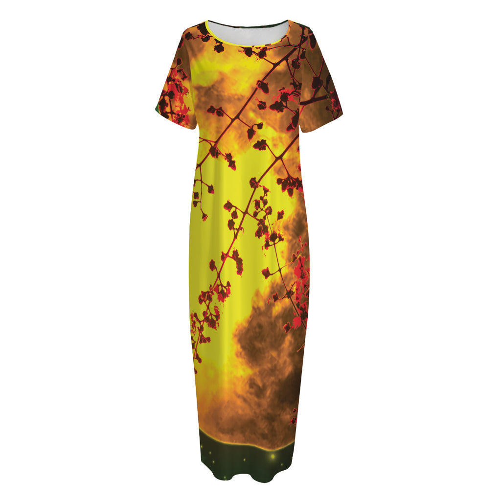Yellow Full Moon Print Short Sleeve Long Nightdress