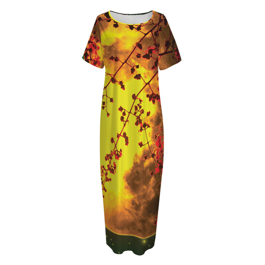 Yellow Full Moon Print Short Sleeve Long Nightdress