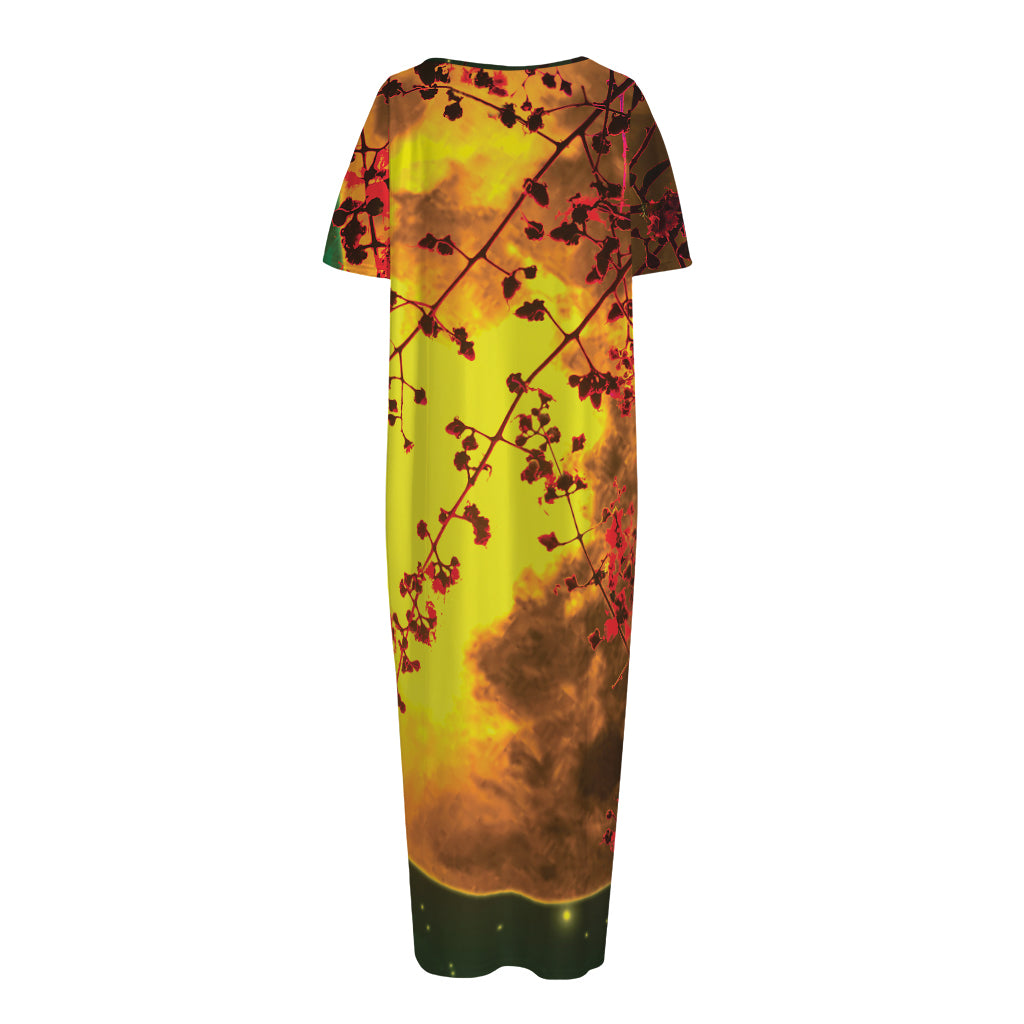 Yellow Full Moon Print Short Sleeve Long Nightdress