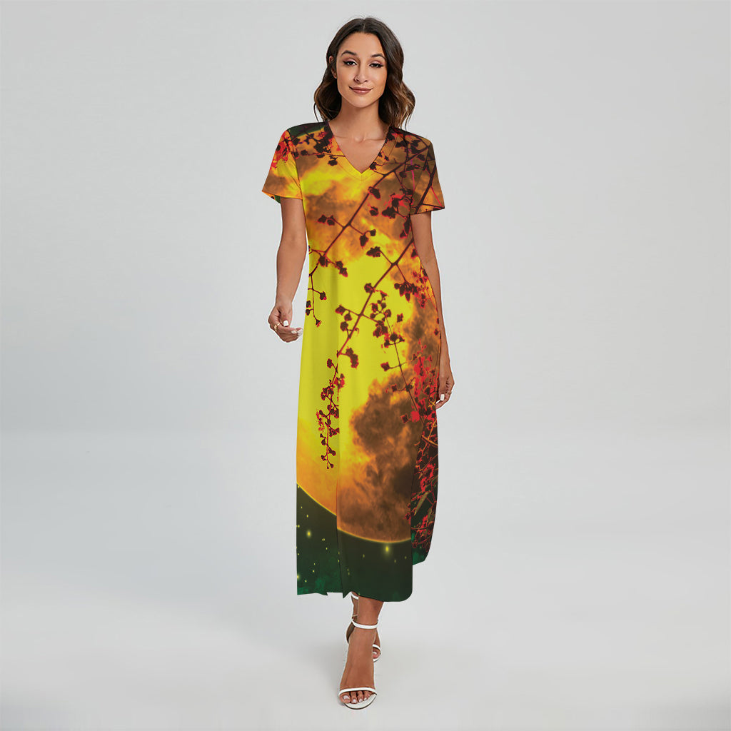Yellow Full Moon Print Short Sleeve Maxi Dress