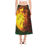 Yellow Full Moon Print Side Slit Midi Skirt