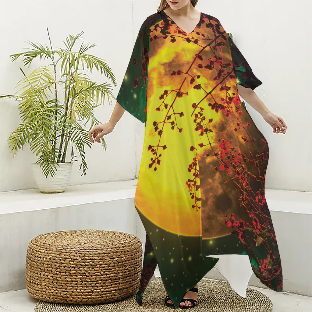 Yellow Full Moon Print Silk V-Neck Kaftan Dress