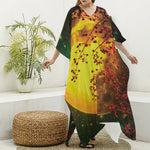 Yellow Full Moon Print Silk V-Neck Kaftan Dress