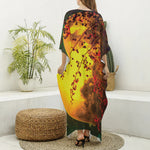 Yellow Full Moon Print Silk V-Neck Kaftan Dress