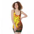 Yellow Full Moon Print Sleeveless Bodycon Dress
