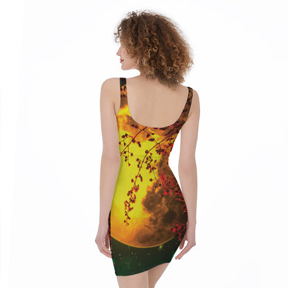 Yellow Full Moon Print Sleeveless Bodycon Dress