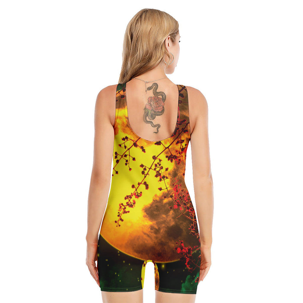 Yellow Full Moon Print Sleeveless One Piece Swimsuit