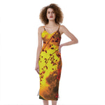 Yellow Full Moon Print Slim Fit Midi Cami Dress