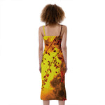 Yellow Full Moon Print Slim Fit Midi Cami Dress