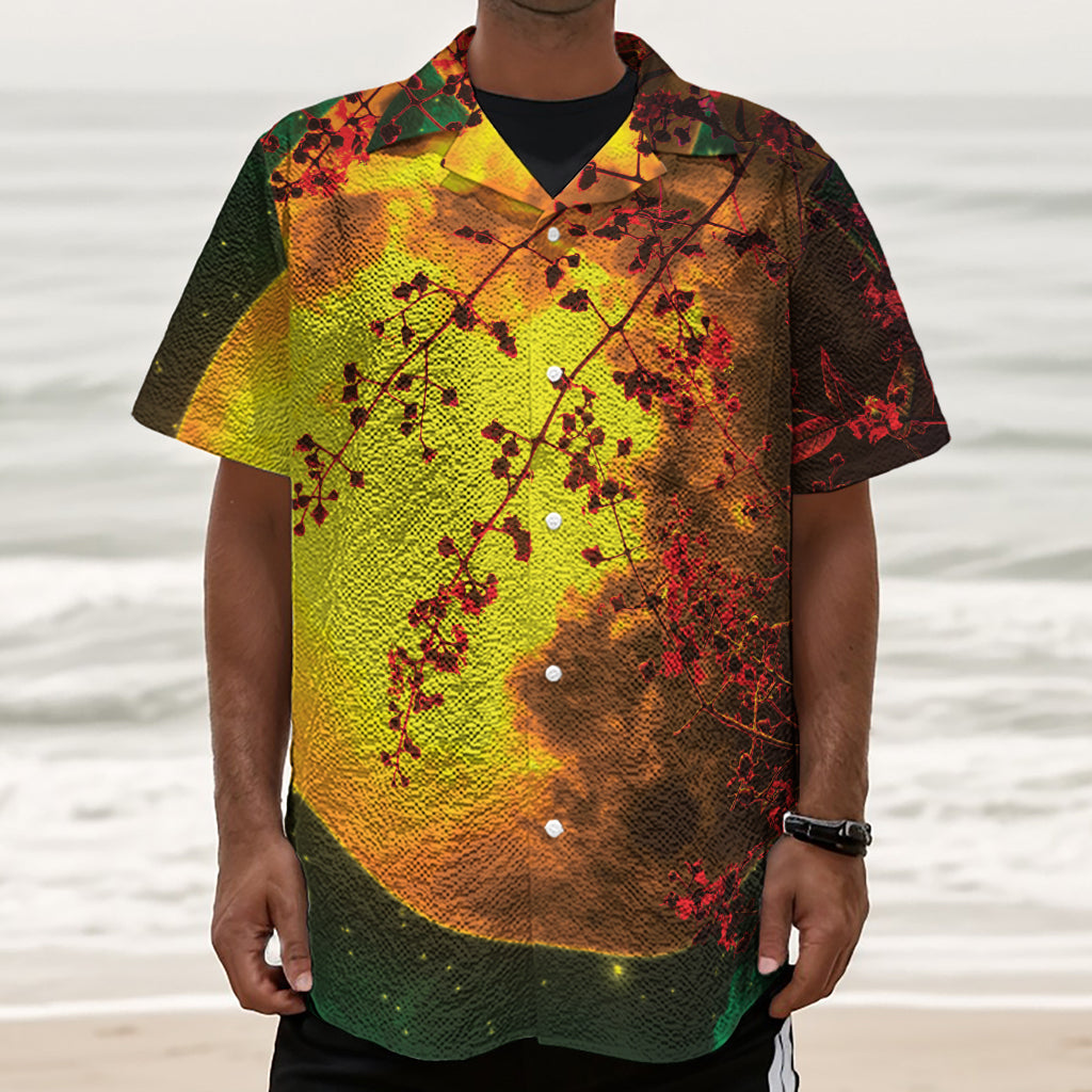 Yellow Full Moon Print Textured Short Sleeve Shirt