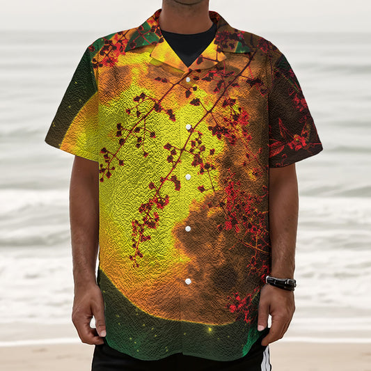 Yellow Full Moon Print Textured Short Sleeve Shirt