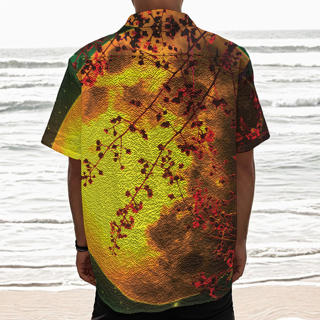 Yellow Full Moon Print Textured Short Sleeve Shirt