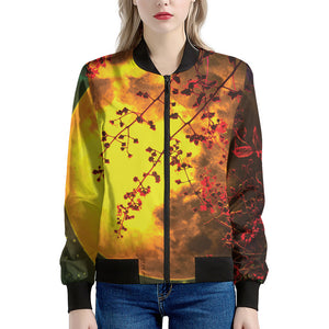 Yellow Full Moon Print Women's Bomber Jacket