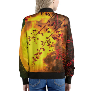 Yellow Full Moon Print Women's Bomber Jacket