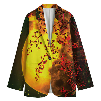 Yellow Full Moon Print Women's Cotton Blazer