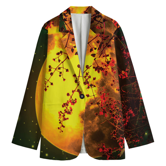 Yellow Full Moon Print Women's Cotton Blazer