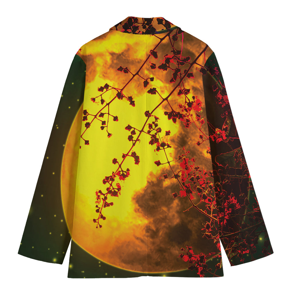 Yellow Full Moon Print Women's Cotton Blazer