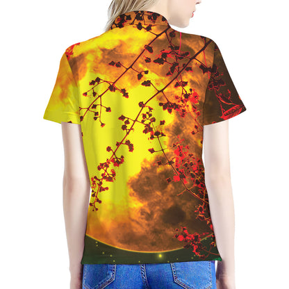 Yellow Full Moon Print Women's Polo Shirt