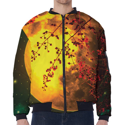 Yellow Full Moon Print Zip Sleeve Bomber Jacket