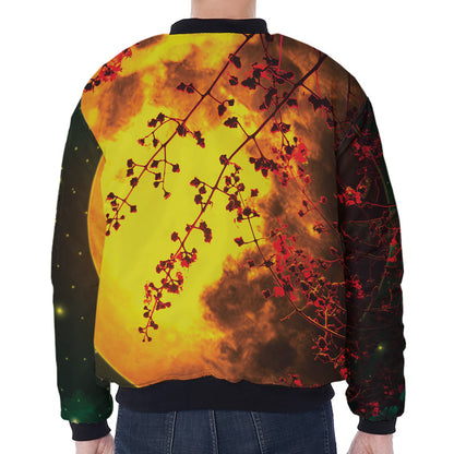 Yellow Full Moon Print Zip Sleeve Bomber Jacket