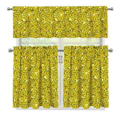 Yellow Geometric Banana Pattern Print 3 Piece Kitchen Curtains