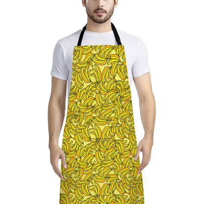 Yellow Geometric Banana Pattern Print Bib Apron With Pocket