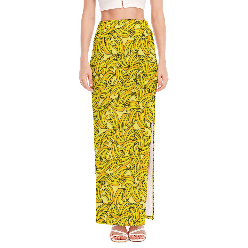 Yellow Geometric Banana Pattern Print High Slit Maxi Skirt