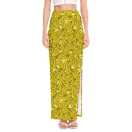 Yellow Geometric Banana Pattern Print High Slit Maxi Skirt
