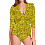 Yellow Geometric Banana Pattern Print Long Sleeve Swimsuit