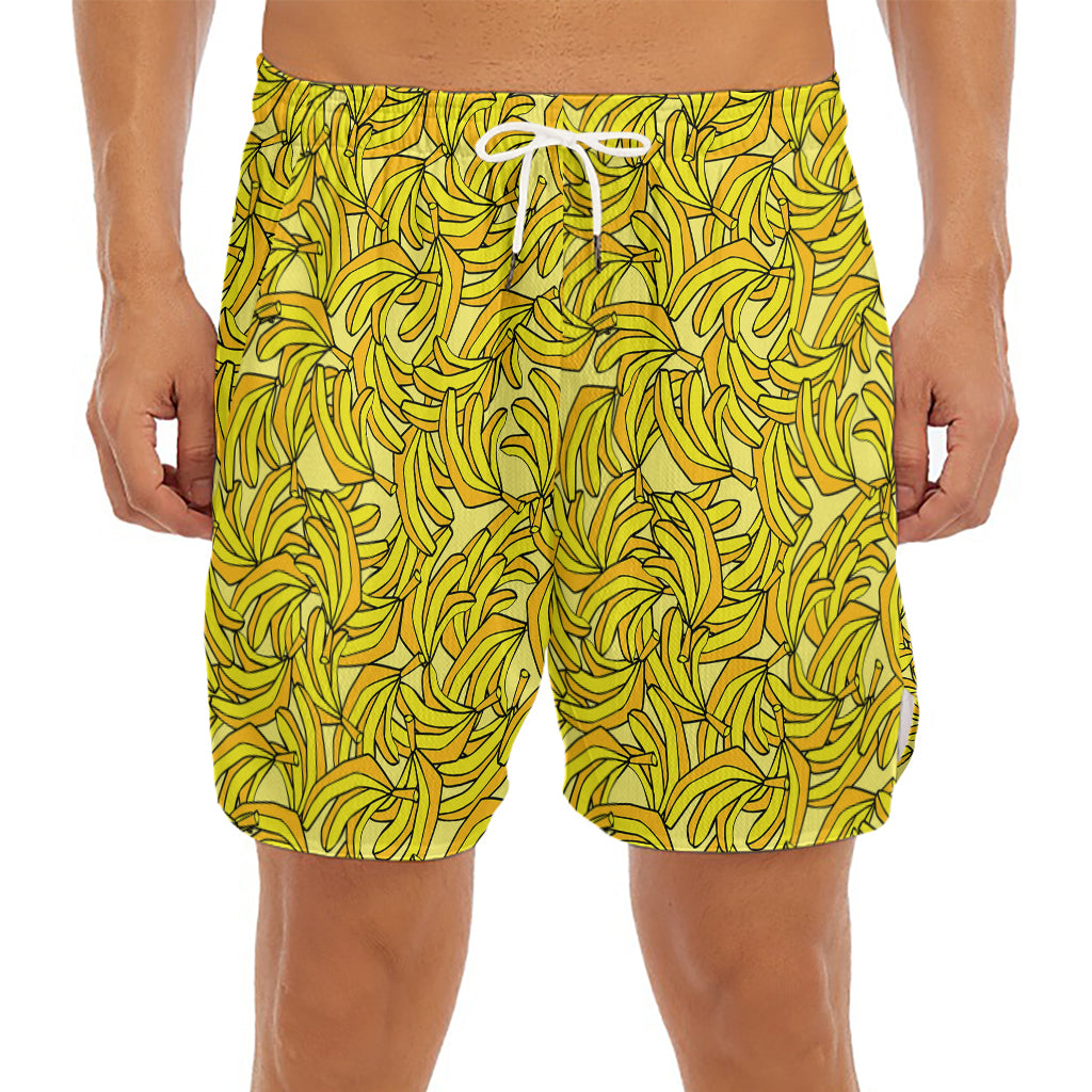 Yellow Geometric Banana Pattern Print Men's Split Running Shorts