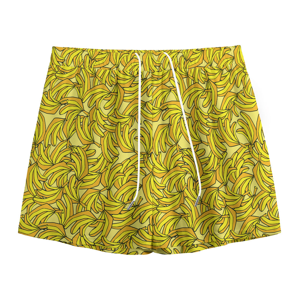 Yellow Geometric Banana Pattern Print Mesh Shorts