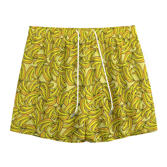 Yellow Geometric Banana Pattern Print Mesh Shorts