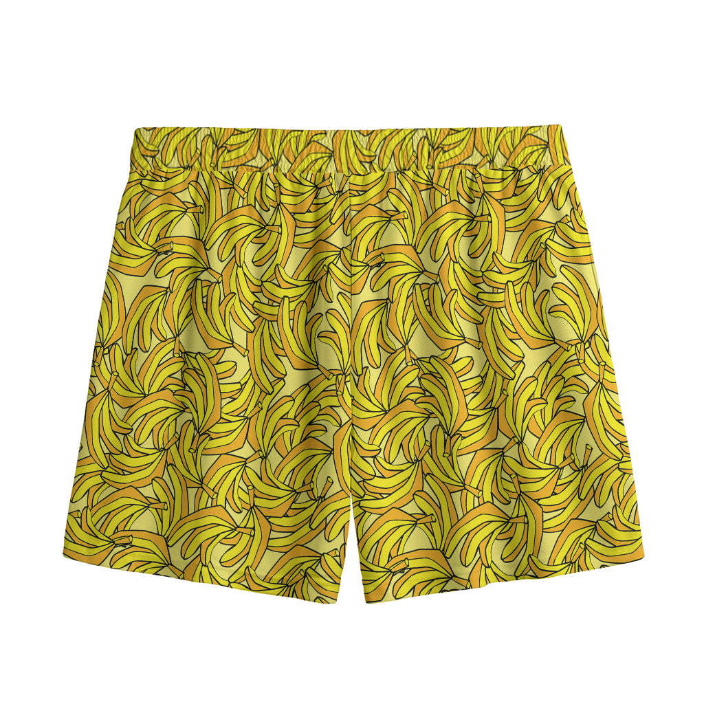 Yellow Geometric Banana Pattern Print Mesh Shorts