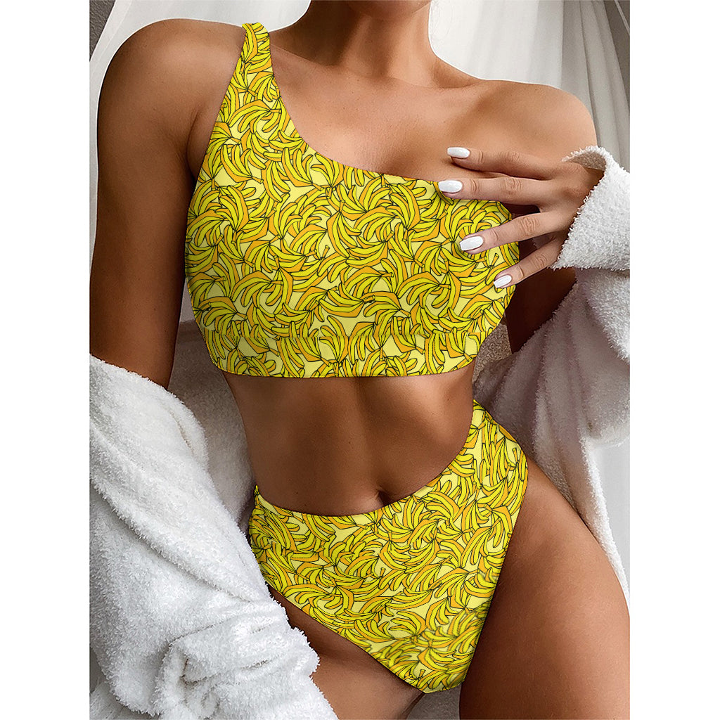 Yellow Geometric Banana Pattern Print One Shoulder Bikini Top