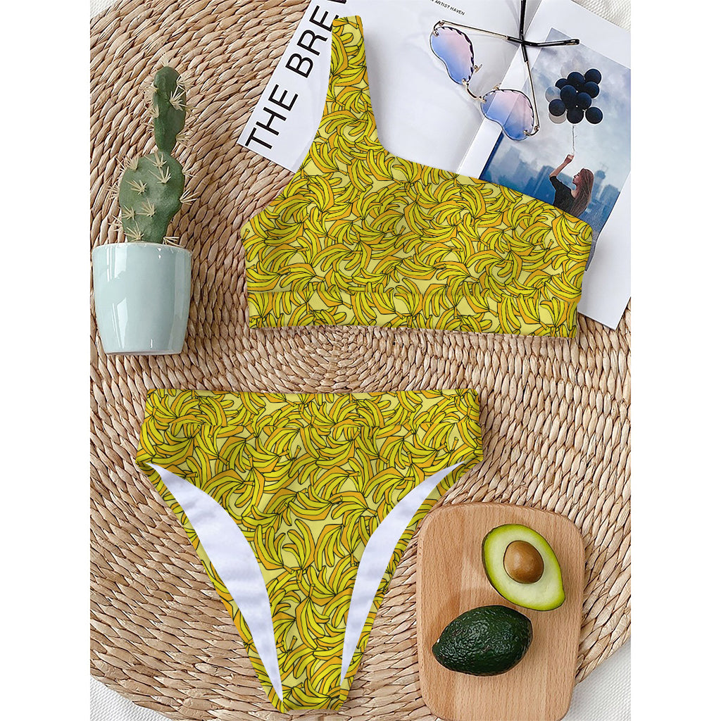 Yellow Geometric Banana Pattern Print One Shoulder Bikini Top