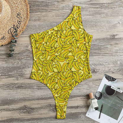 Yellow Geometric Banana Pattern Print One Shoulder Bodysuit