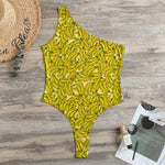 Yellow Geometric Banana Pattern Print One Shoulder Bodysuit