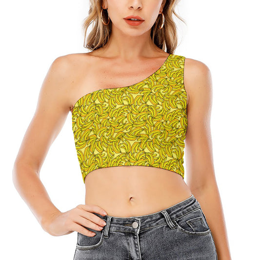 Yellow Geometric Banana Pattern Print One Shoulder Crop Top