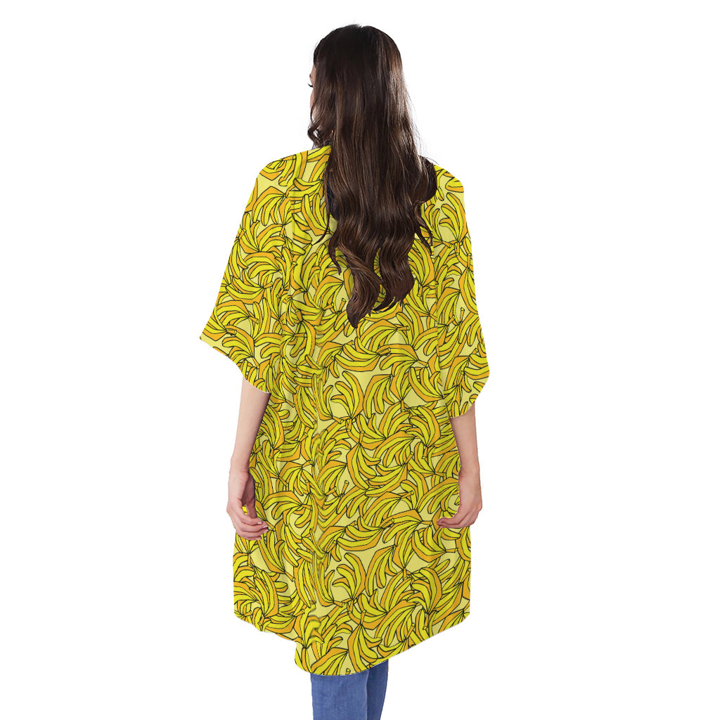Yellow Geometric Banana Pattern Print Open Front Beach Cover Up