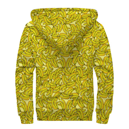 Yellow Geometric Banana Pattern Print Sherpa Lined Zip Up Hoodie