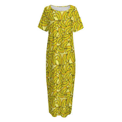Yellow Geometric Banana Pattern Print Short Sleeve Long Nightdress