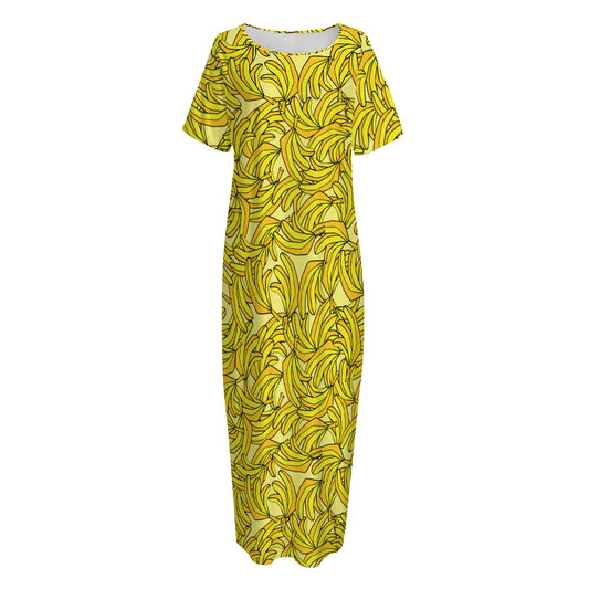 Yellow Geometric Banana Pattern Print Short Sleeve Long Nightdress