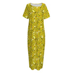 Yellow Geometric Banana Pattern Print Short Sleeve Long Nightdress
