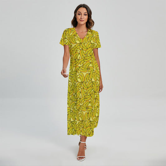 Yellow Geometric Banana Pattern Print Short Sleeve Maxi Dress